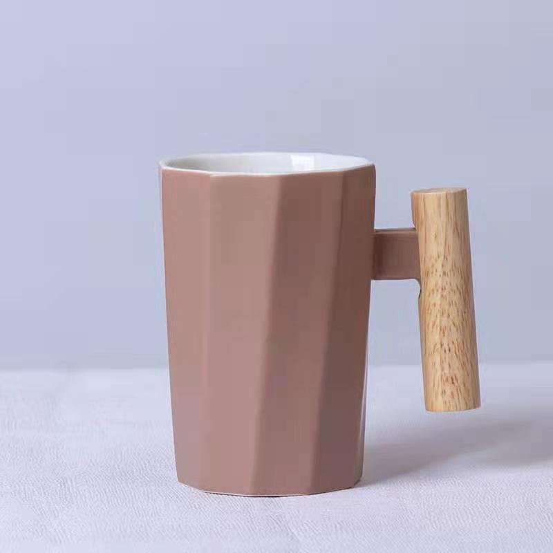 Simple Straight Ceramic Mug With Wooden Handle