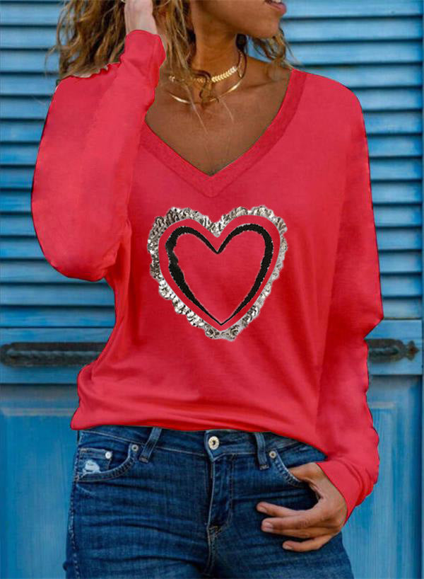 Heart Pattern Printing V-neck Long-sleeved All-match Female T-shirt Bottoming Shirt