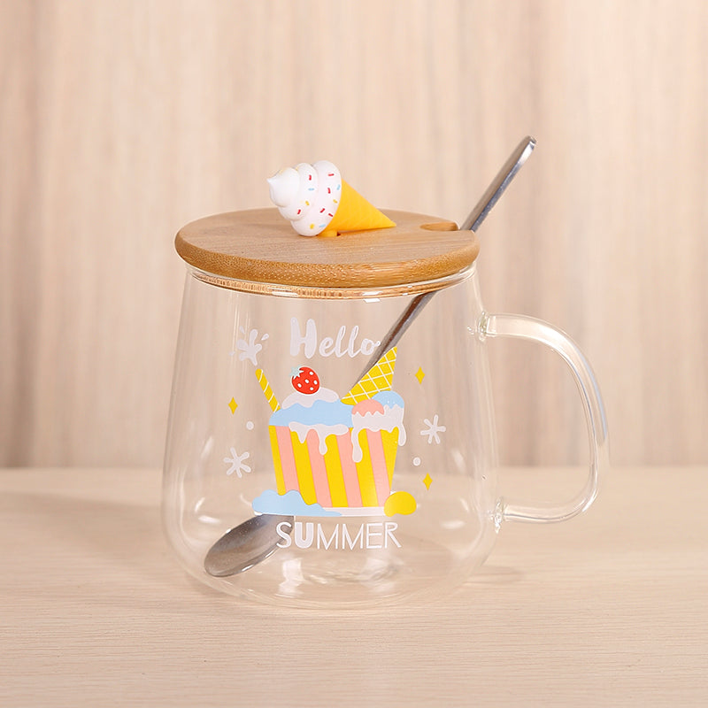 Transparent Fruit Tea Flat Bottom Glass Cup With Lid Simple