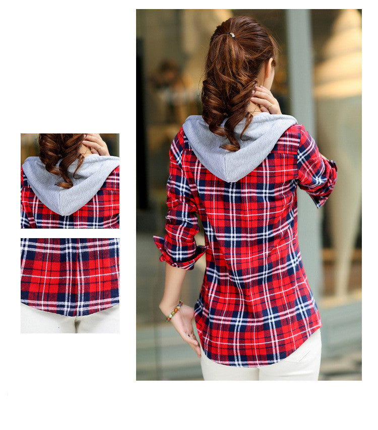 Fashion Women's Long-sleeved Plaid Hooded Shirt