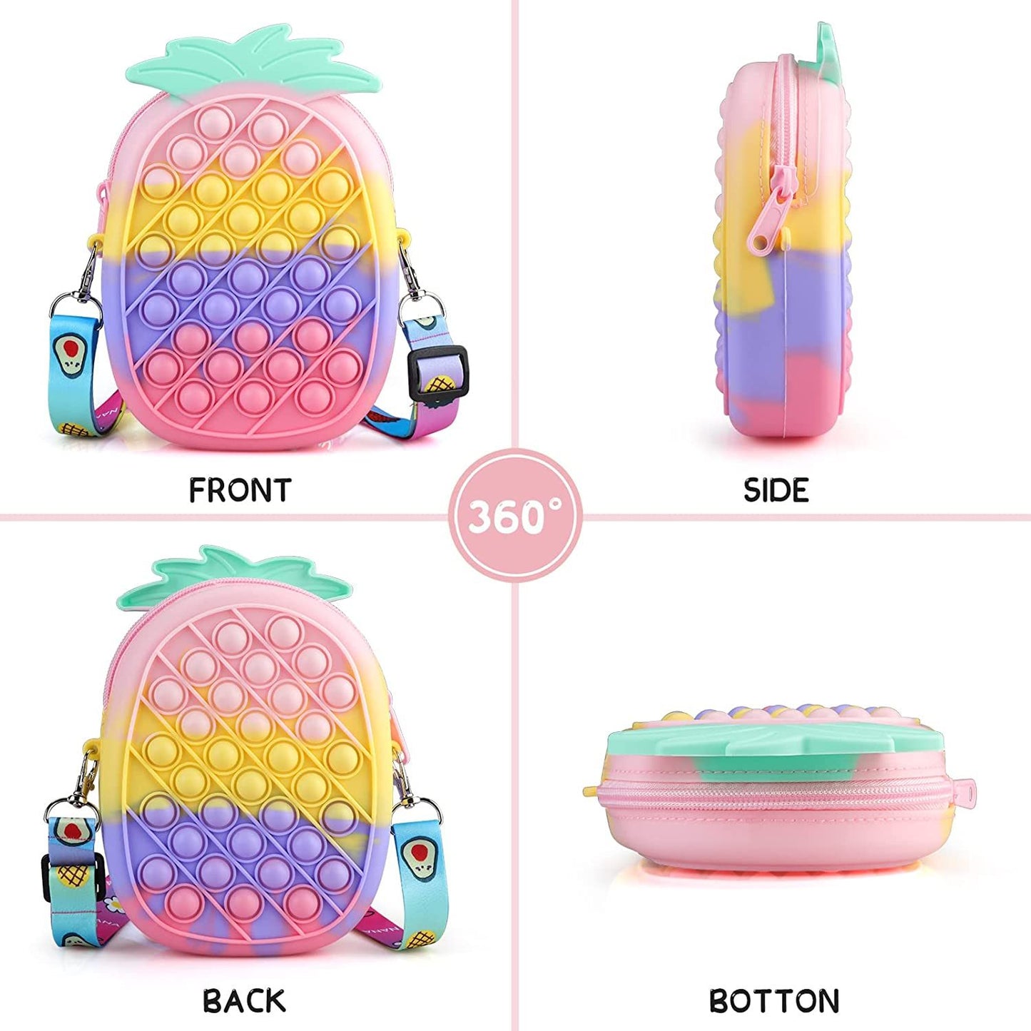 Pop Shoulder Bag Purse Fidget Sensory Toys, Colorful Pineapple Crossbody Bag Push for Girls Women Kids Gifts