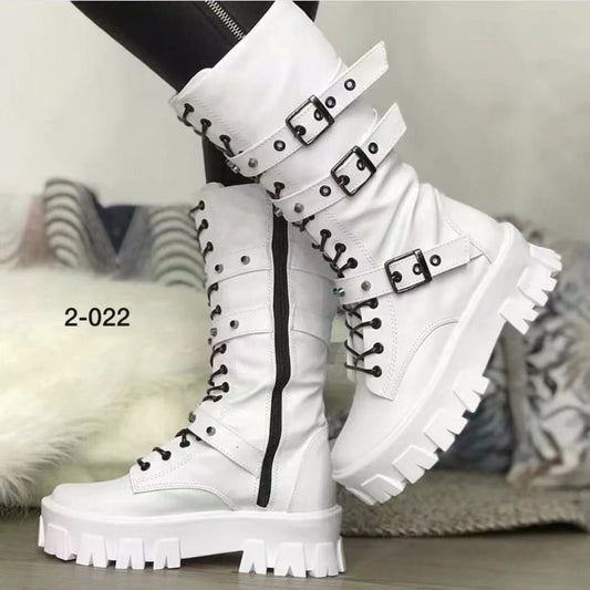 Women's Martin Boots Lace Up Combat Boot Mid Calf Platform Shoes Western Boots