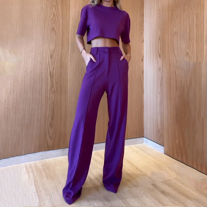 Straight Leg Trousers Solid Two-piece Set