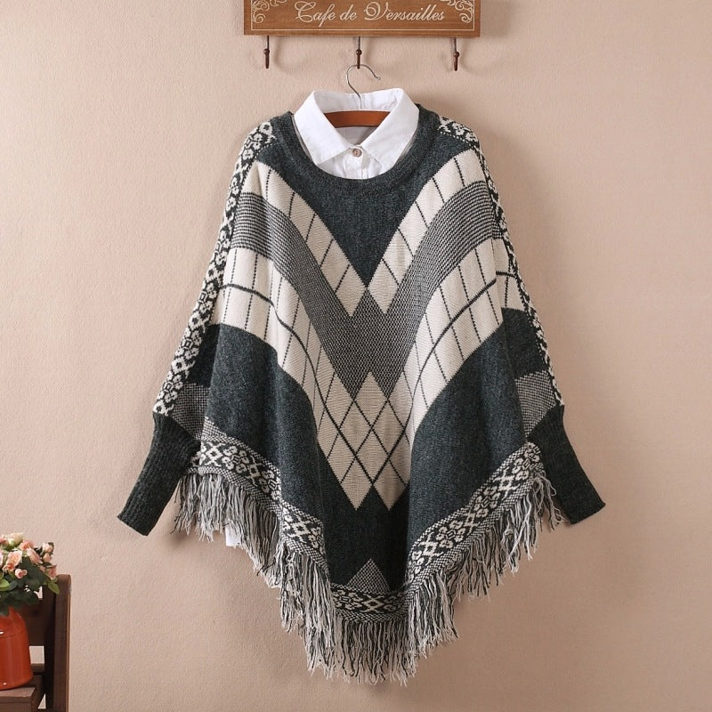 Geometric Rhombus Tassel Batwing Sleeve Inverness Sweater Sweater