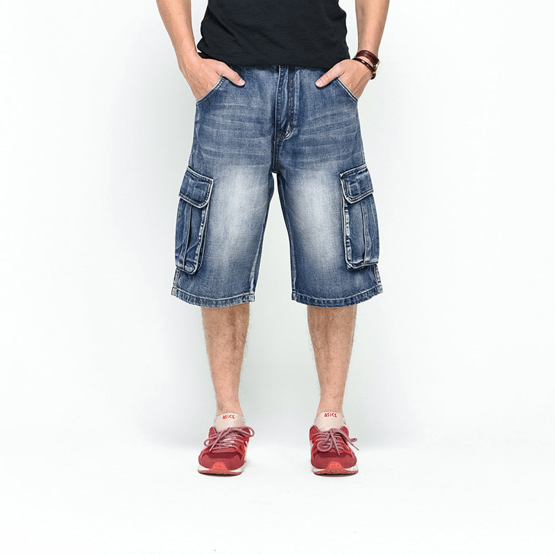 1808-1 Type Men's Multi-pocket Casual Jeans Cropped Pants Street Hip-hop Loose Increase Skateboard Pants