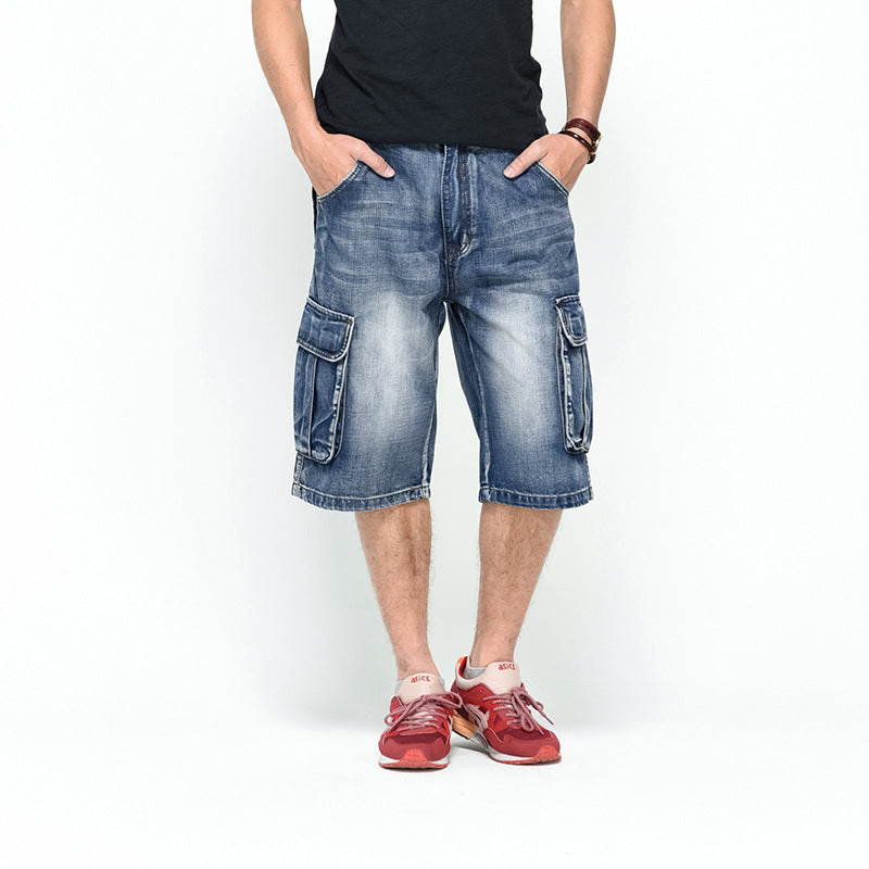 1808-1 Type Men's Multi-pocket Casual Jeans Cropped Pants Street Hip-hop Loose Increase Skateboard Pants