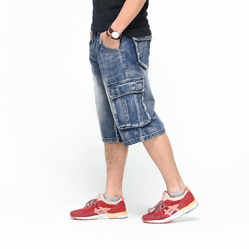 1808-1 Type Men's Multi-pocket Casual Jeans Cropped Pants Street Hip-hop Loose Increase Skateboard Pants