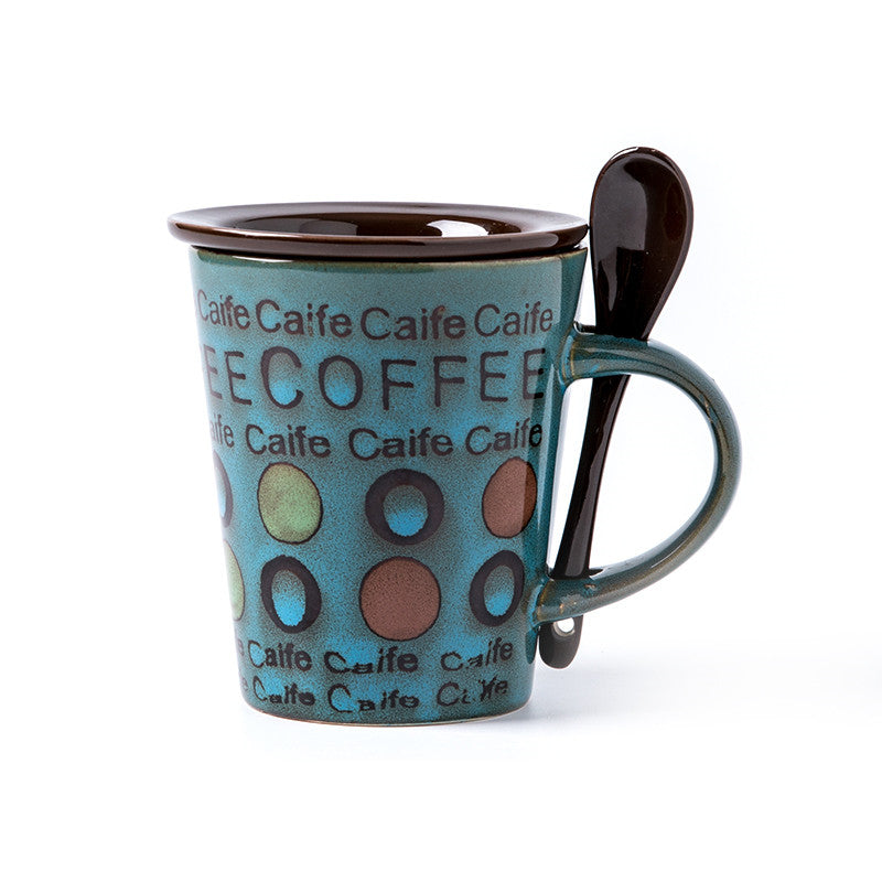 Trendy Ceramic Coffee Milk Mug With Lid Spoon