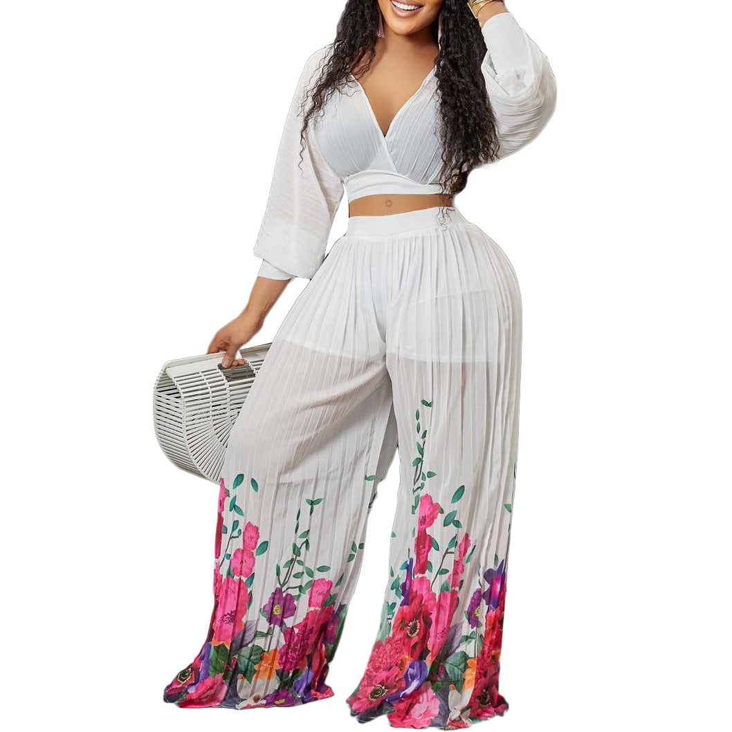 V-neck Bat Sleeve Chiffon Top Pleated Wide Leg Pants Two-piece Set