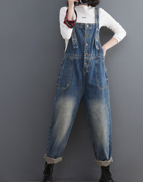 Literature And Art Solid Color Retro Large Women's Loose Denim Suspenders