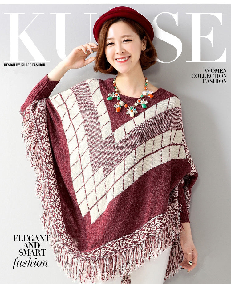 Geometric Rhombus Tassel Batwing Sleeve Inverness Sweater Sweater