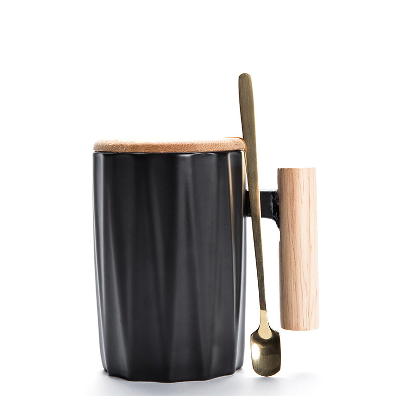 Simple Straight Ceramic Mug With Wooden Handle