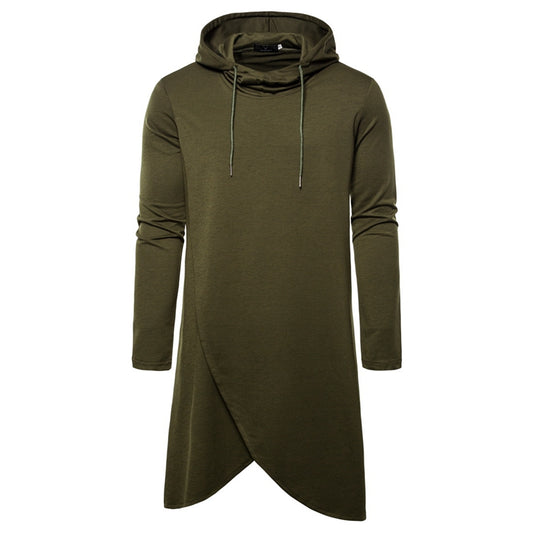 Men's New Solid Color Mid Length Irregular Fashion Slim Fit Hoodie