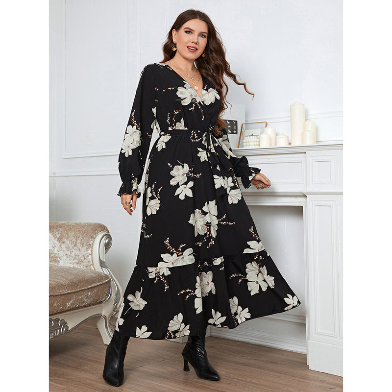 Temperament Elegant Printed V-neck Petal Sleeve Women's Large Size Dress