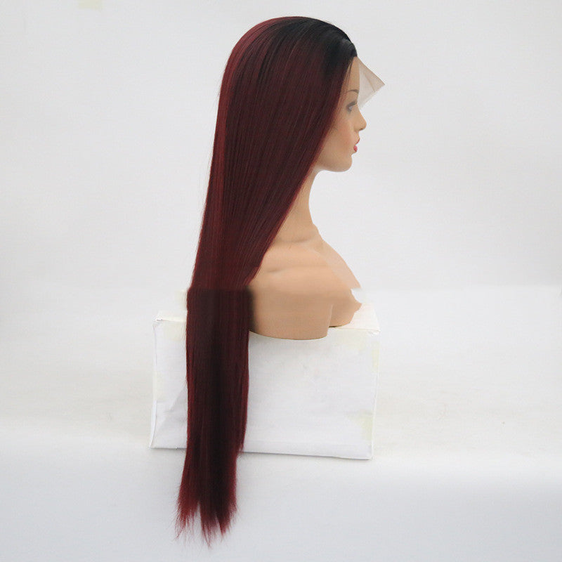 Burgundy Trellis With Long Straight Hair Chemical Fiber Headgear