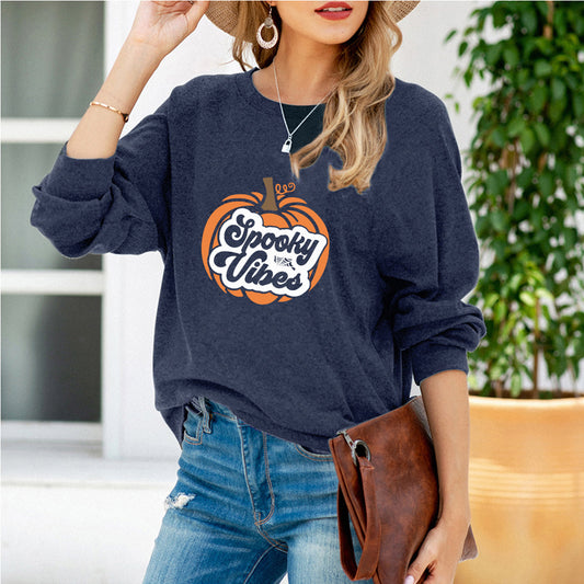 Halloween Pumpkin Print Long-sleeved T-shirt Women