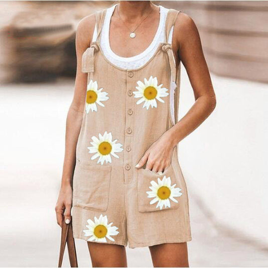 Women's Daisy Print Solid Color Patch Pockets Lace-up Cotton And Linen Suspender Pants