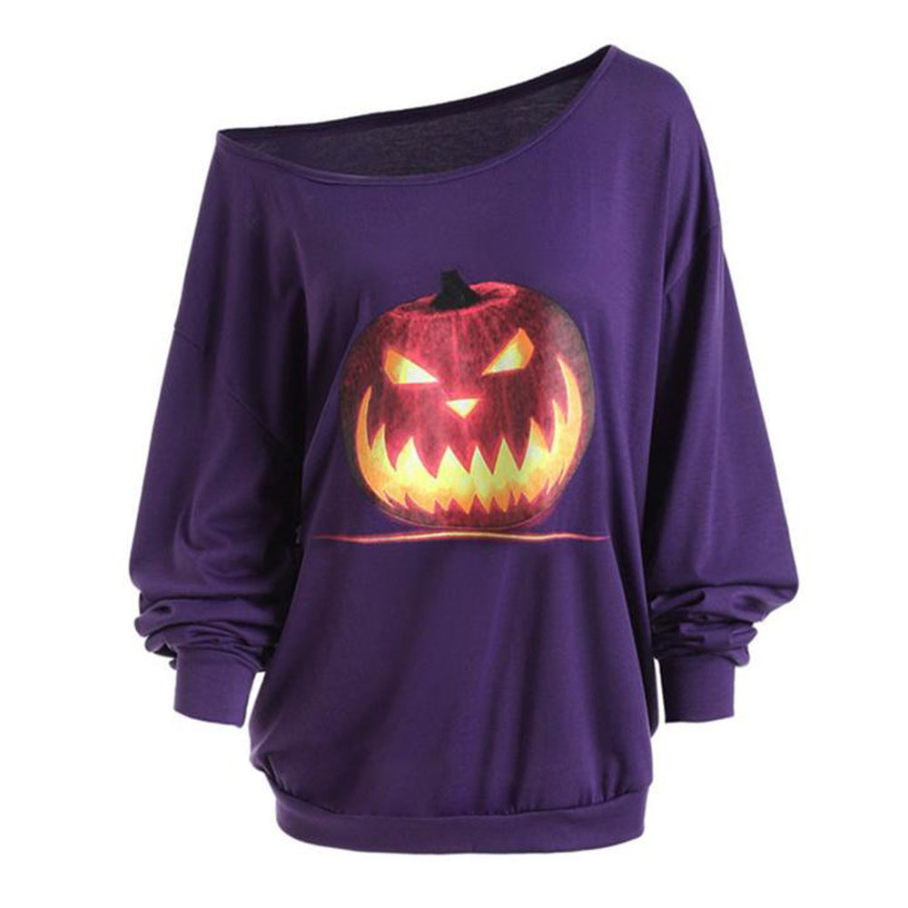 Cross Shoulder Halloween Angry Pumpkin Print Top