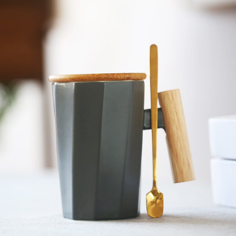 Simple Straight Ceramic Mug With Wooden Handle