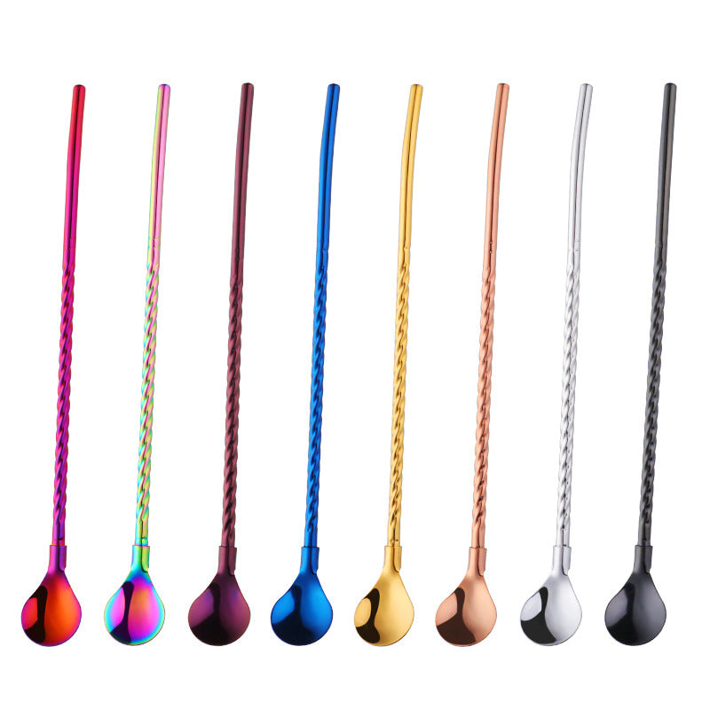 Stainless Steel Threaded Long Handle Straw Spoon Integrated