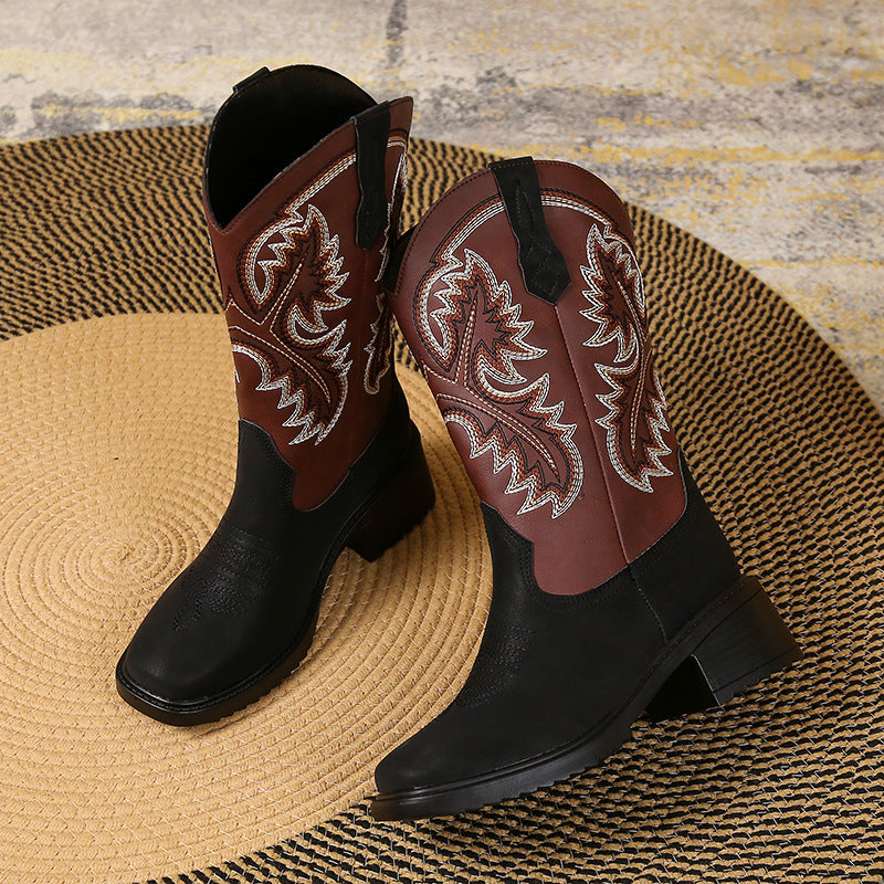 Embroidery Shoes Western Boots Chunky Mid Heel Cowboy Boots Women