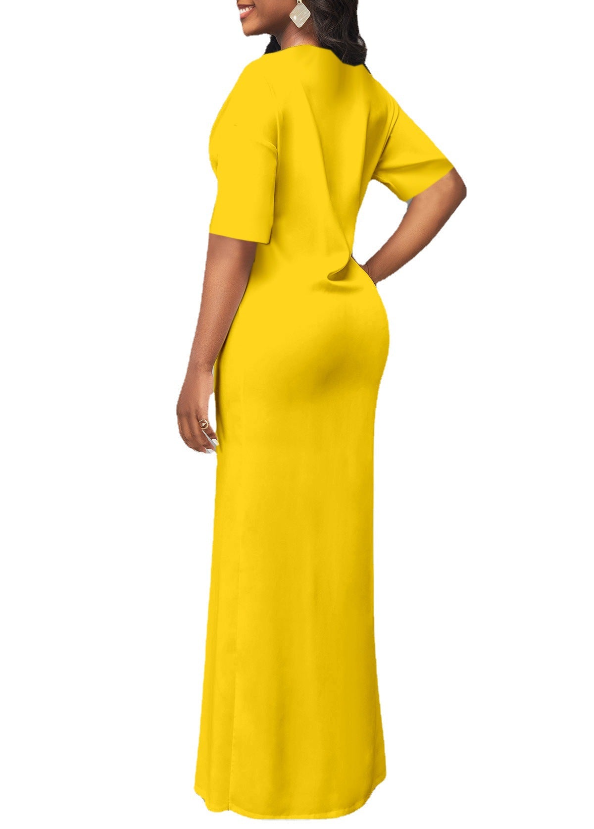 Women's Yellow Dress Loose V-neck Pullover Split Dress