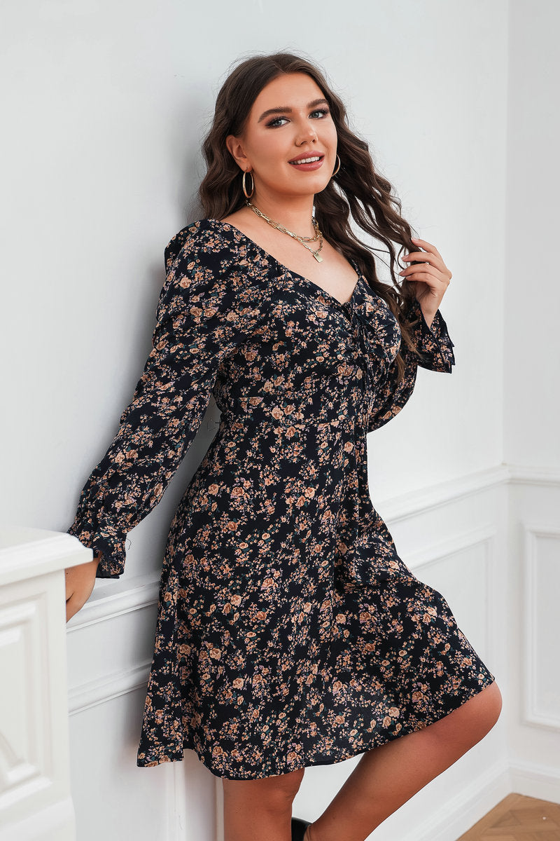 Floral Pleated Lace-up Long-sleeved Dress