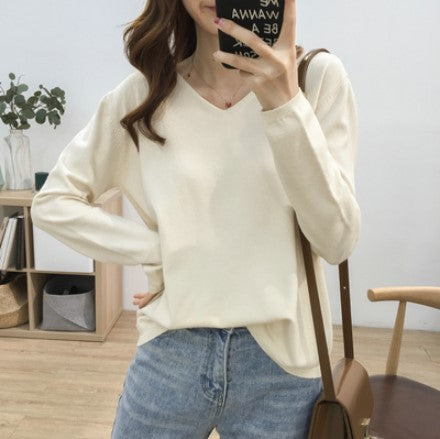 Loose Slimming V-neck Solid Color Long-sleeved Sweater