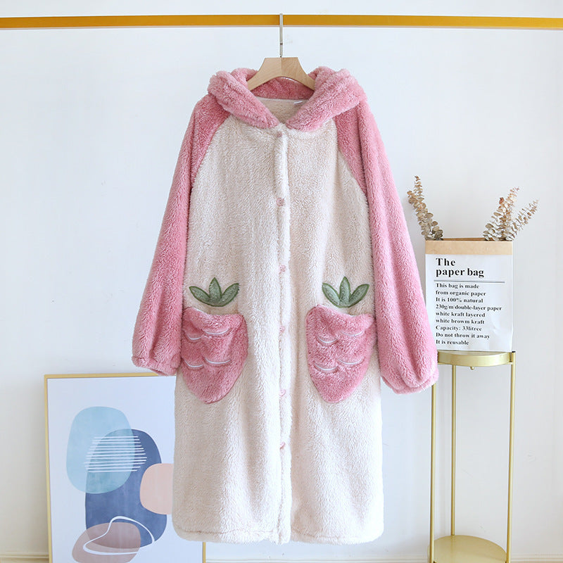 Women's Thick Color-blocking Cartoon Fleece Nightgown