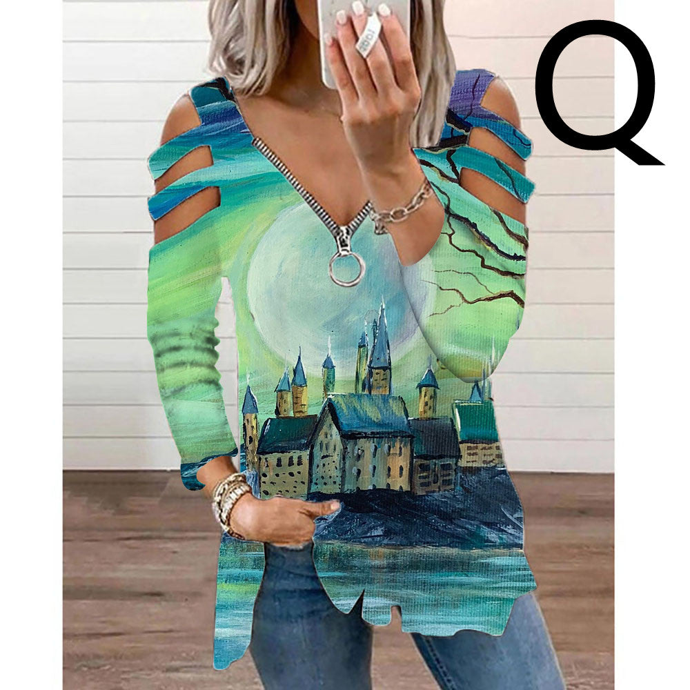 Halloween Theme Digital Printing Hollow V-neck Long-sleeved T-shirt