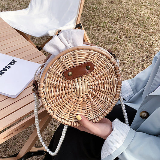 Casual Wicker Woven Bags Rattan Handbags Women Summer Beach Bag Straw Pearl Shoulder Straps Travel Shoulder Crossbody Bag 2022