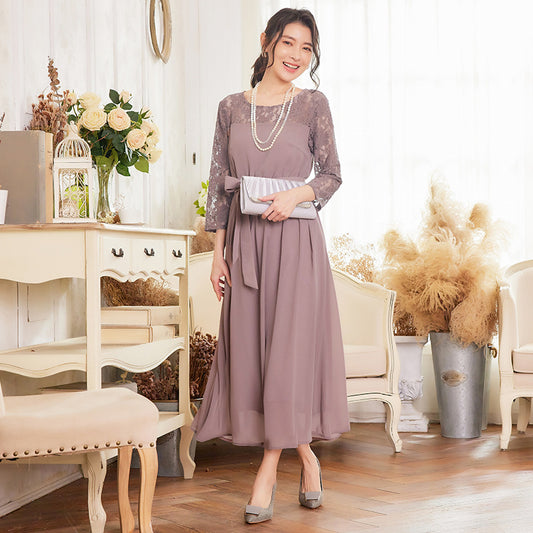 Lace Patchwork Mid-sleeve Crewneck Chiffon Long Dress