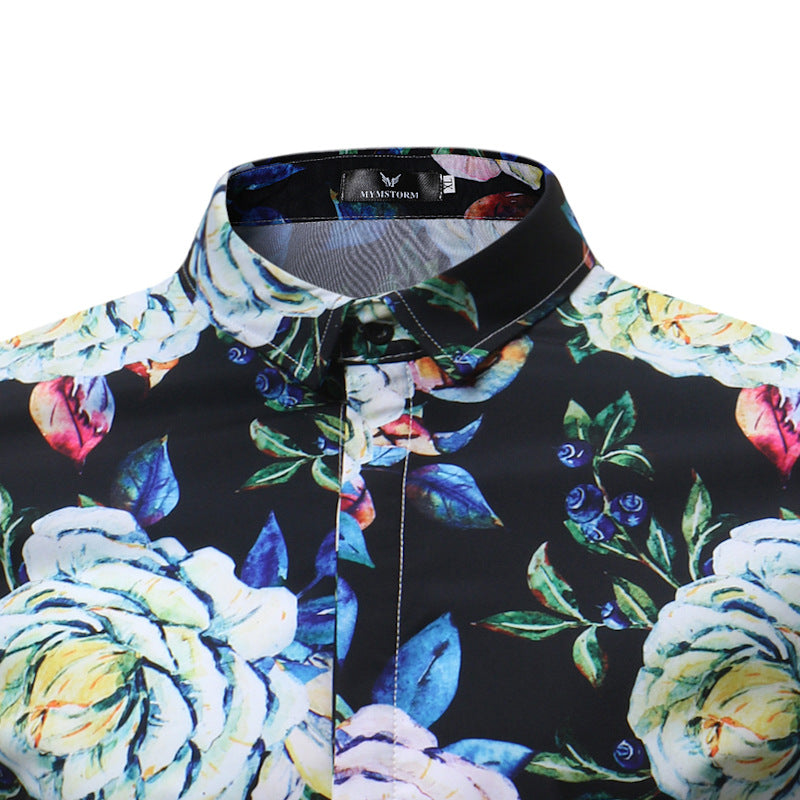 Summer New Men's Slim-fit Pointed Collar Youth Casual Short Sleeve Printed Shirt