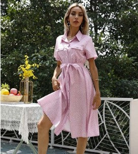 Summer New Fashion Small Floral Button Short Sleeve Dress