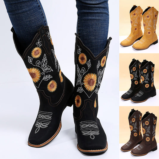 Cowboy Boots Women Sunflower Embroidery Shoes Low Heel Western Boot