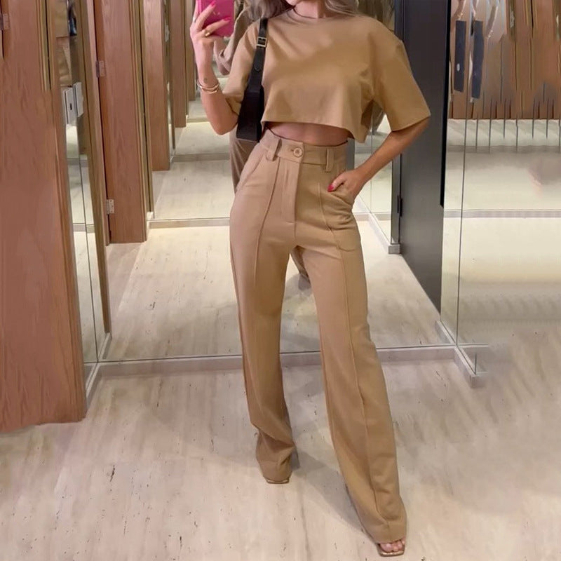 Straight Leg Trousers Solid Two-piece Set