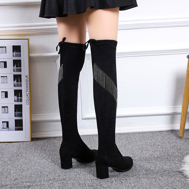 Over The Knee Boots Faux Suede Rhinestone Fringe Trim Western Boots