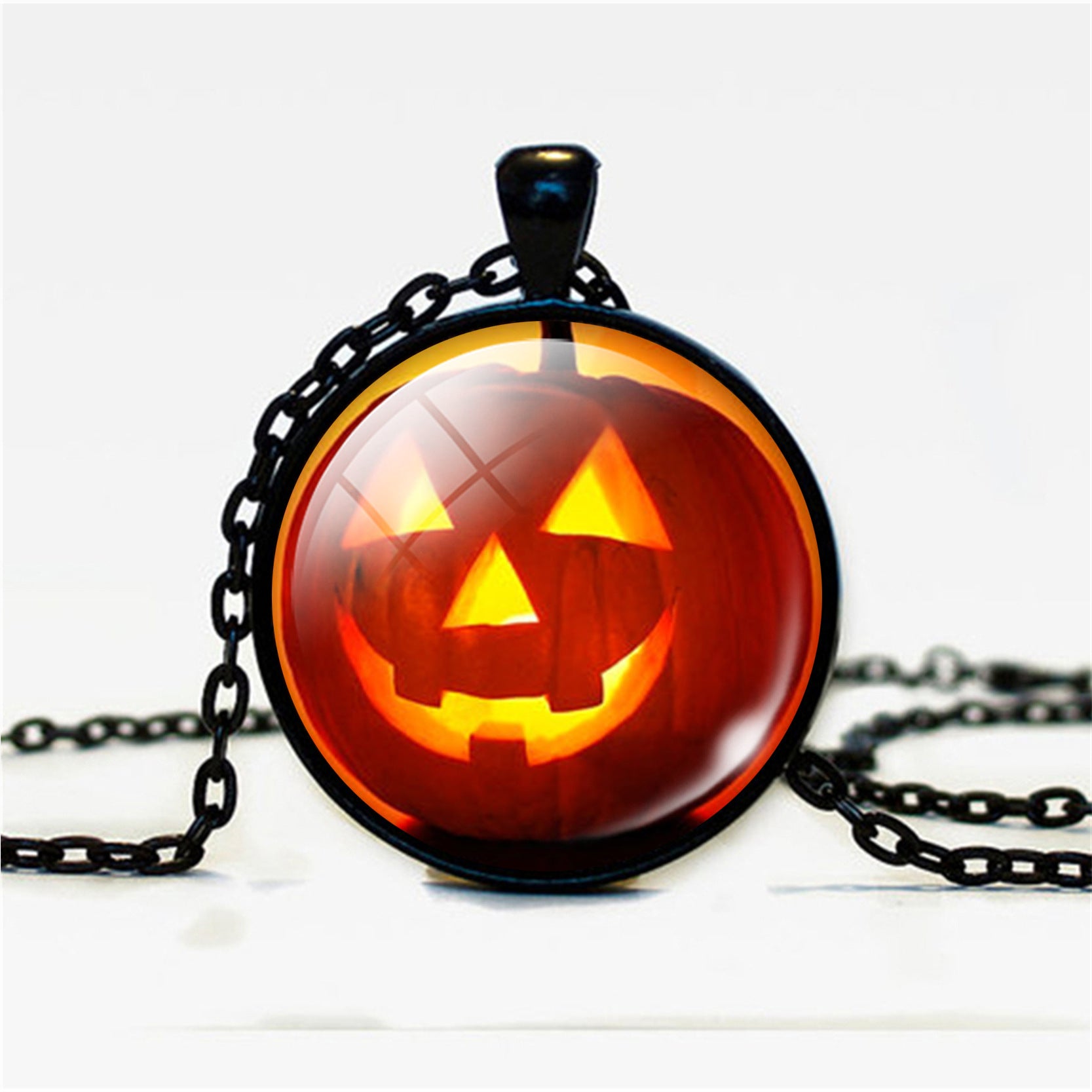 Halloween Pumpkin Time Gemstone Glass Pendant Necklace