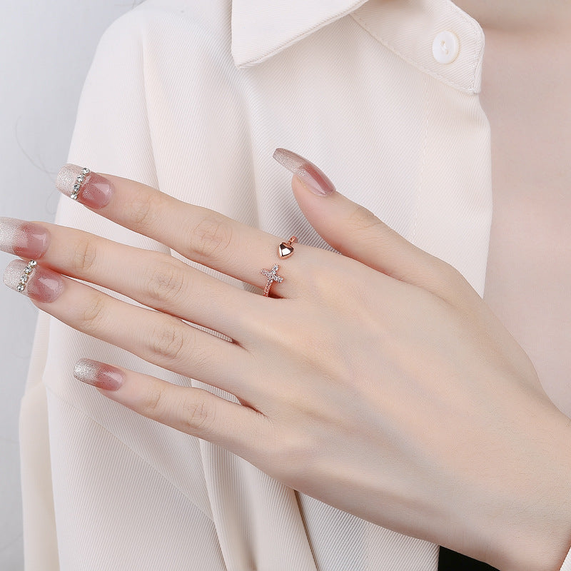 Cross Heart Ring With Rhinestones Open Adjustable Ring Ins Fashion Jewelry Accessories