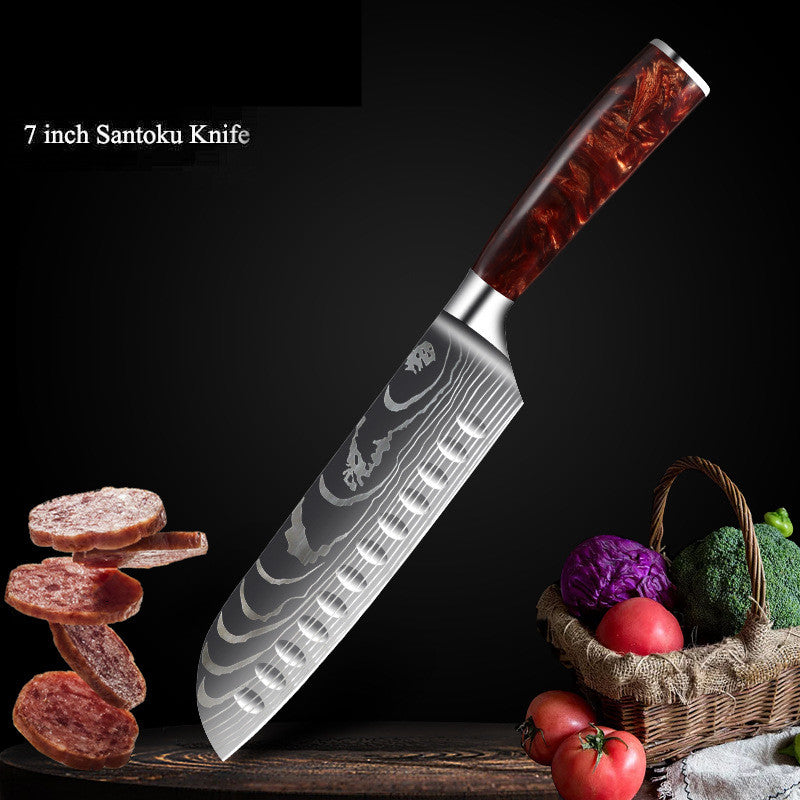 Red Resin Handle Damascus Laser Pattern Set Kitchen Knife