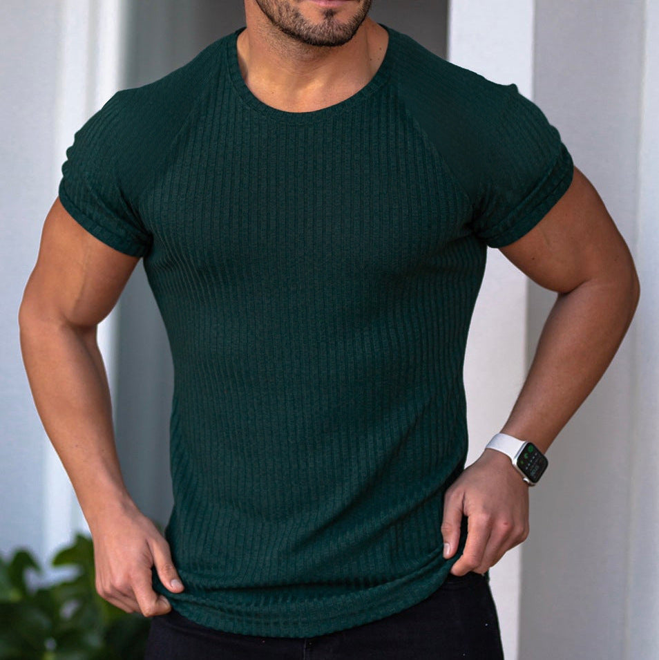 Elastic Vertical Round Neck Short Sleeve