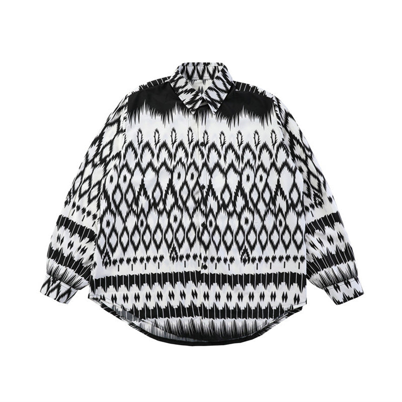 Black And White Contrast Geometric Pattern Casual Shirt