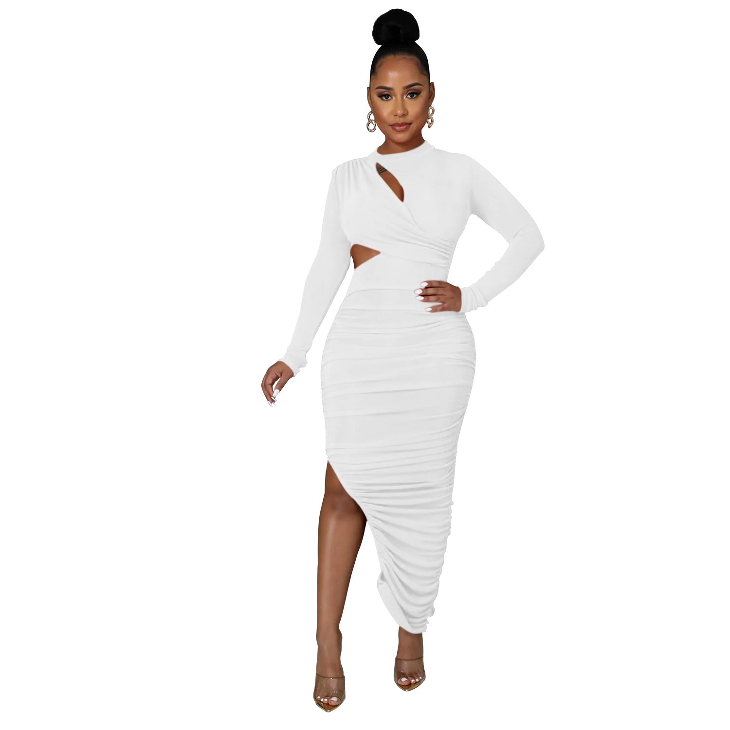 Fashion Women's Solid Color Ruffle Round Neck Long Sleeve Dress