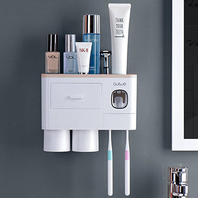 Non-marking Hanging Magnetic Toothbrush Holder Single Drawer Storage Rack With Toothpaste Squeezer Toiletry Set