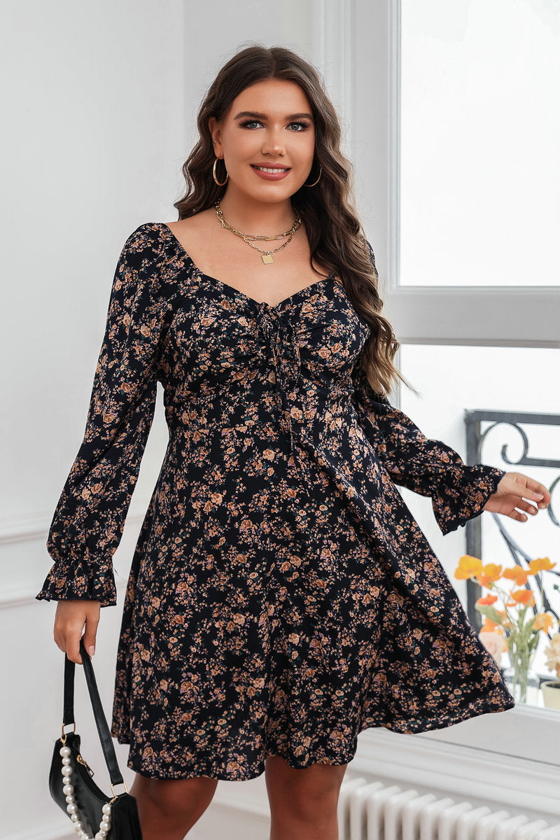 Floral Pleated Lace-up Long-sleeved Dress