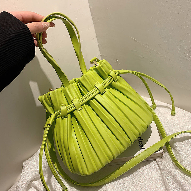 Fashion PU Leather Small Bucket Shoulder Bags With Pleats For Women 2022 Summer Handbag And Purses Folds Crossbody Bag Cute Tote