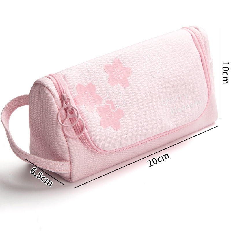 Canvas Pencil Case Large Capacity Simple Girl Japanese Cute Girl Heart Stationery Box Korean Pencil Case Multi-function