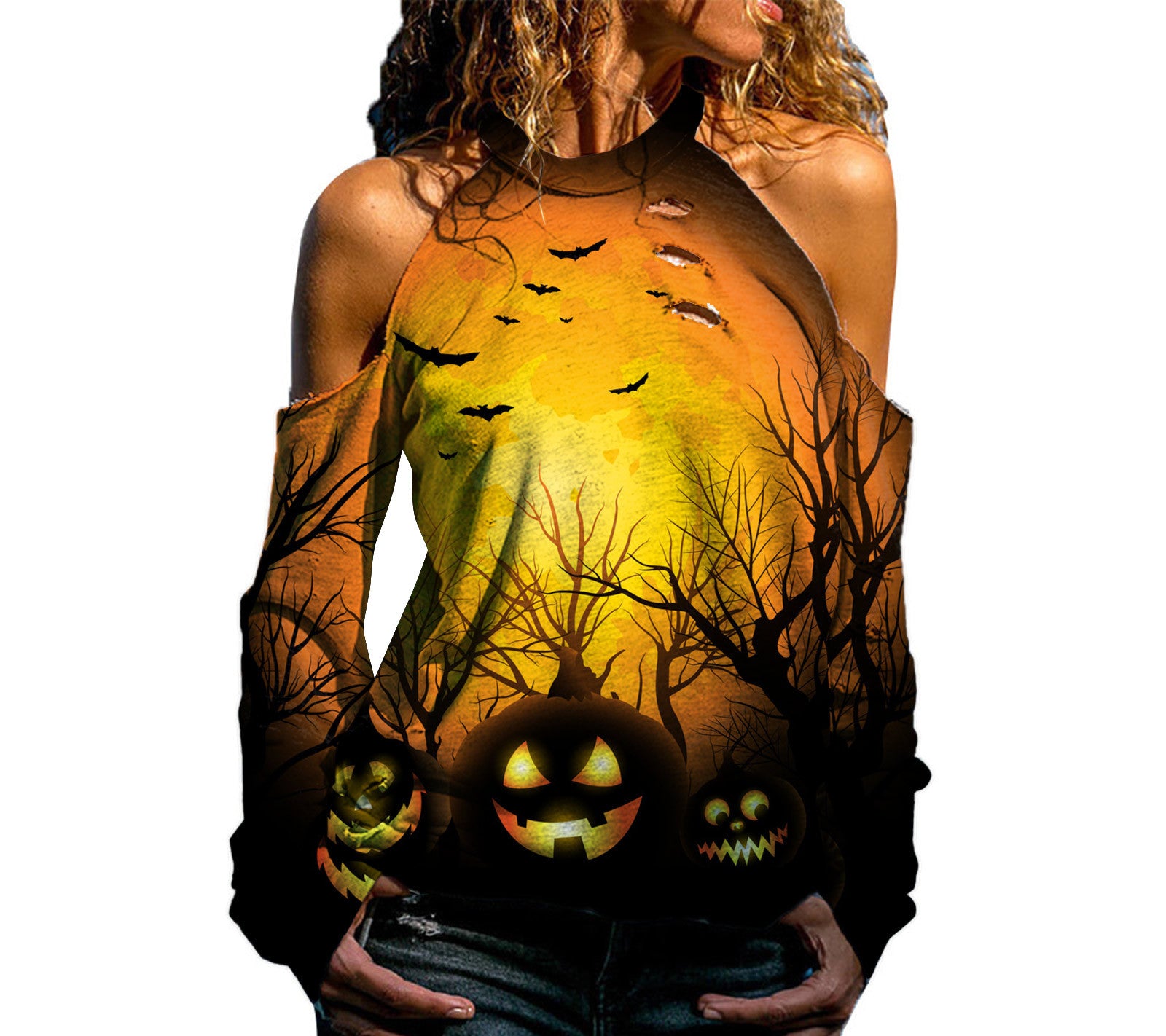 Halloween Off Shoulder Printed Top Womens Casual Loose Stitching Long Sleeved T Shirt