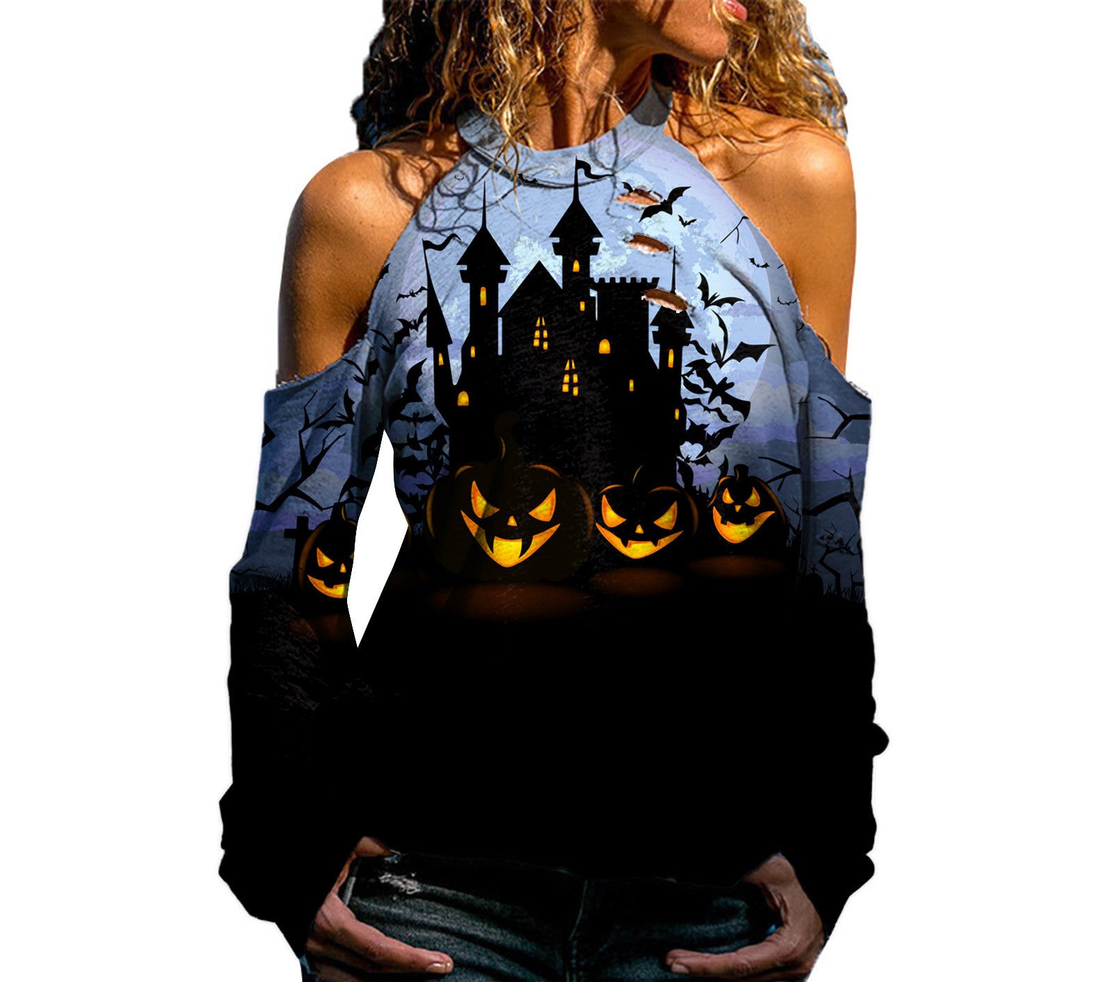 Halloween Off Shoulder Printed Top Womens Casual Loose Stitching Long Sleeved T Shirt