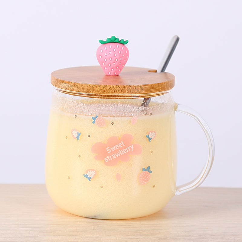 Transparent Fruit Tea Flat Bottom Glass Cup With Lid Simple